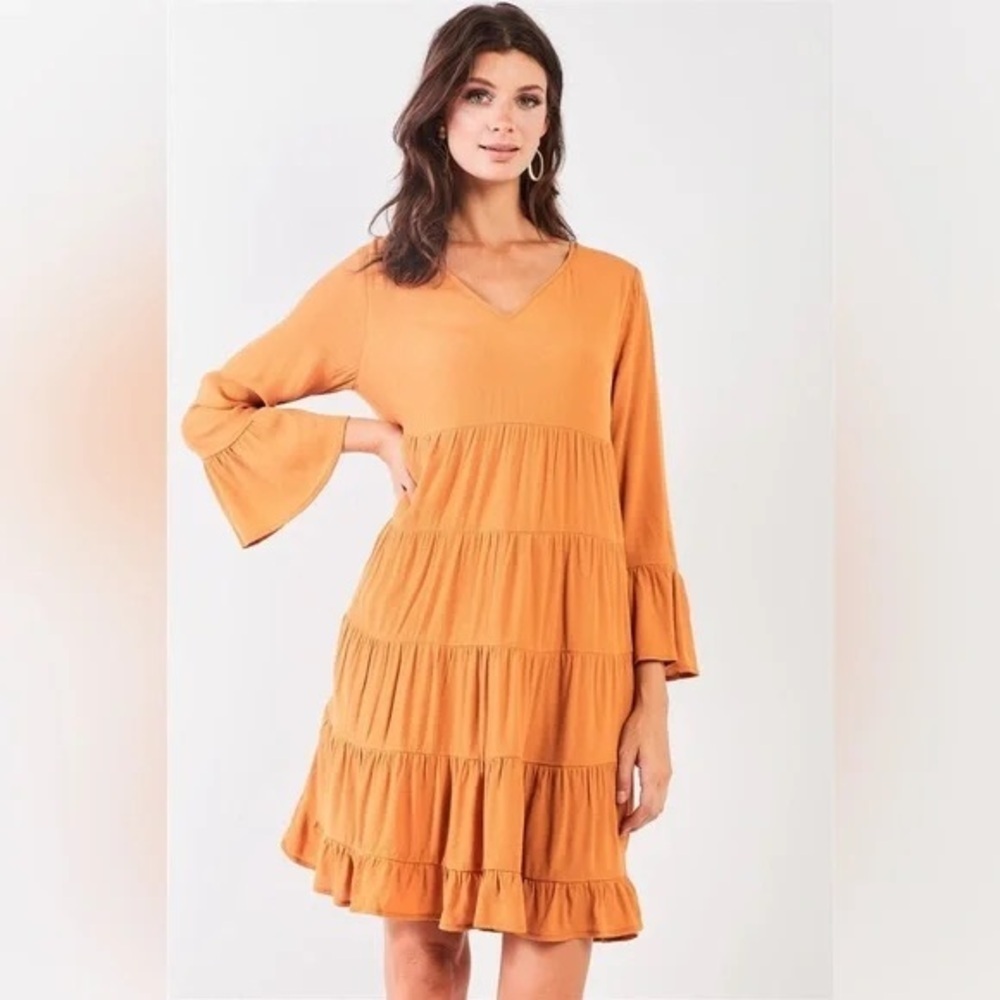 ❄️ Very J | Boho Mustard V-Neck 3/4 Flare Sleeve Dress Fall Vibes